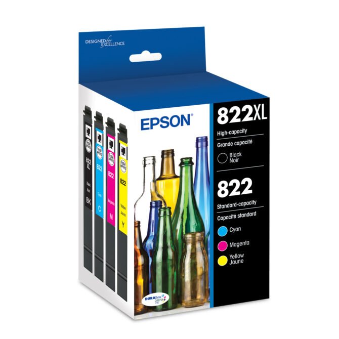 Epson 822XL/822 Black And Cyan, Magenta, Yellow High-Yield Ink Cartridges, Pack Of 4