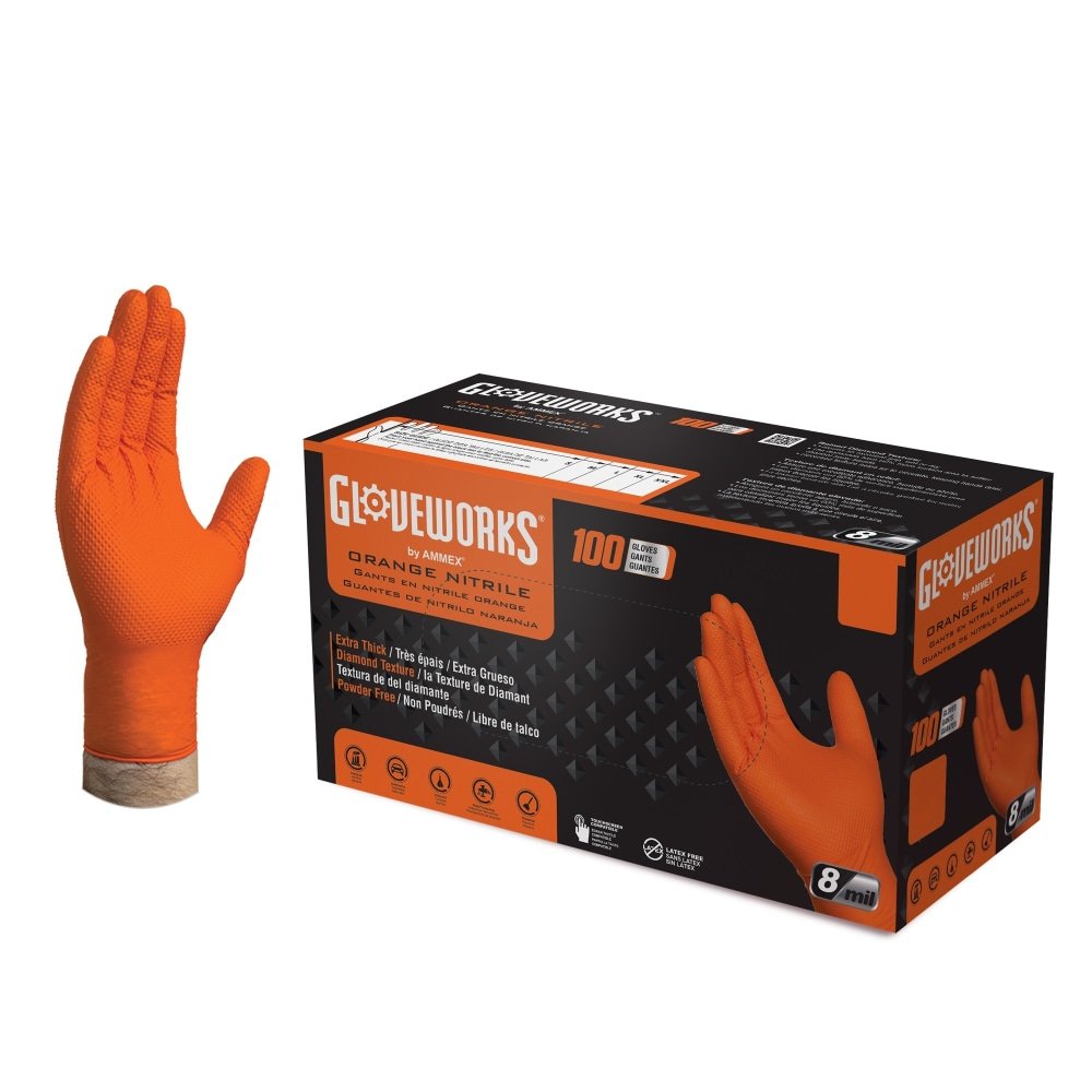 Gloveworks GWON Heavy Duty RDT Nitrile Gloves, Extra Large, Orange, 100 Gloves Per Box