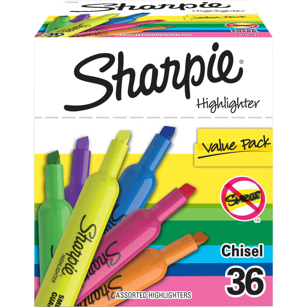 Sharpie Tank Highlighters, Chisel Tip, Assorted Color Highlighters, Value Pack, 36 Count