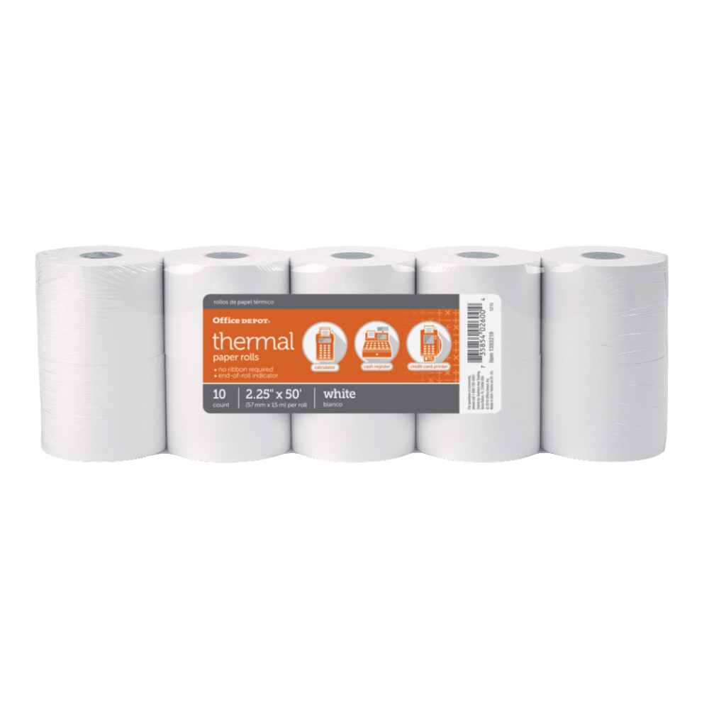 Thermal Paper Rolls, 2-1/4" x 50', White, Pack Of 10