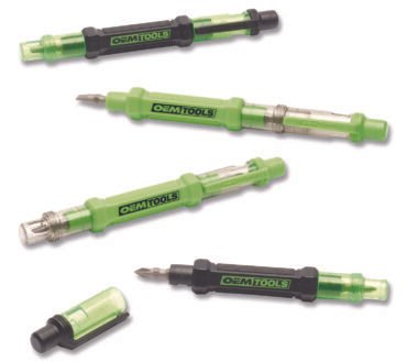 OEMTOOLS 6-Way Pen-Style Screw/Nut Driver, Phillips/Slotted Bits, Metric Sockets, 5.38" Long, Black/Green, Green/Clear, 4/Pack