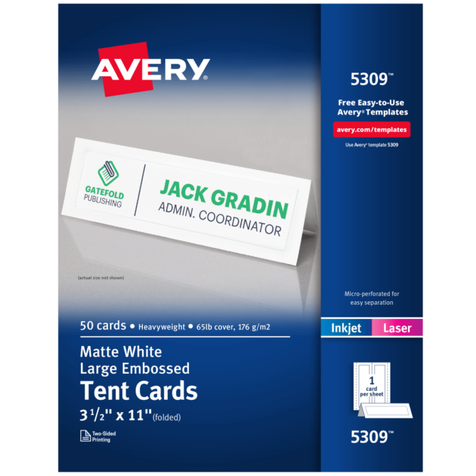 Avery Printable Large Tent Cards, 3.5" x 11", White With Embossed Border, 50 Blank Place Cards