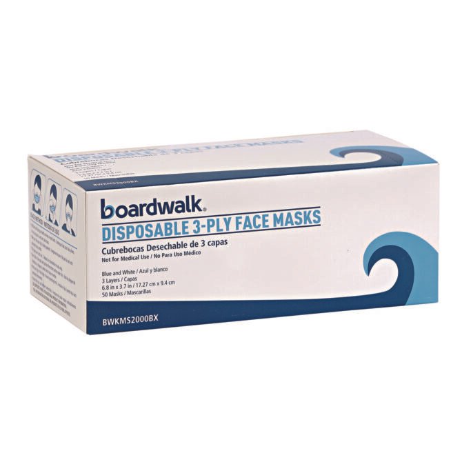 Boardwalk Three-Ply General Use Face Mask, Blue, 50/Box