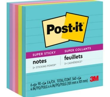 Post-it Super Sticky Notes, 6 Pads, 4 in x 4 in, 2x the Sticking Power, School Supplies and Office Products, Sticky Notes for Vertical Surfaces, Monitors, Walls and Windows, Supernova Neons Collection, Lined