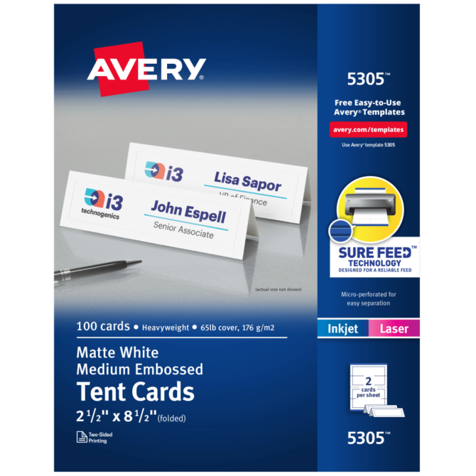 Avery Printable Tent Cards With Sure Feed Technology, 2.5" x 8.5", White With Embossed Border, 100 Blank Place Cards