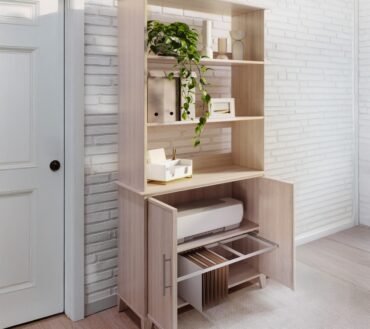 Koru 72"H 3-Shelf Bookcase With Printer Shelf & File Storage, Natural Oak