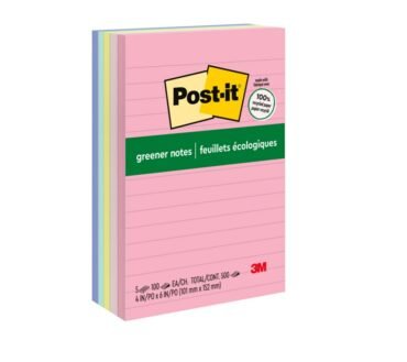 Post-it Greener Notes, 5 Pads, 4 in x 6 in, Clean Removal, School Supplies and Office Products, Sticky Notes for Vertical Surfaces, Monitors, Walls and Windows, Sweet Sprinkles Collection, Lined