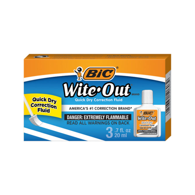 BIC Wite-Out Quick Dry Correction Fluid With Foam Applicator, White, Pack Of 3