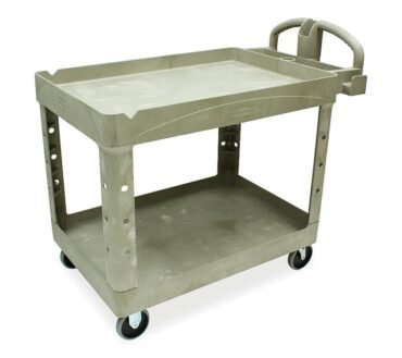 Rubbermaid Commercial BRUTE Heavy-Duty Utility Cart with Lipped Shelves, Plastic, 2 Shelves, 500 lb Capacity, 25.9" x 45.2" x 32.2", Beige