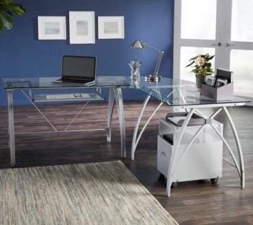 Vista Glass 76"W L-Shape Corner Desk, Silver