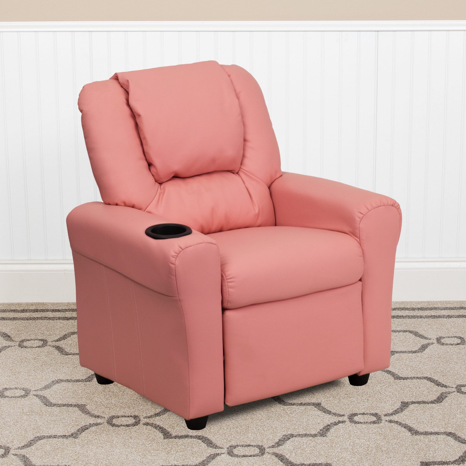 Vana Contemporary Pink Vinyl Kids Recliner with Cup Holder and Headrest