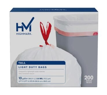Highmark Tall 0.6 mil Drawstring Kitchen Trash Bags, 13 Gallon, 27.375" x 24", White, Box Of 200