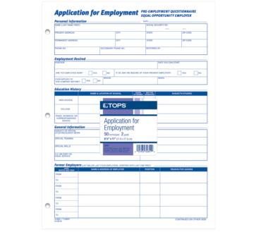 TOPS Employment Application Forms - 50 Sheet(s) - Gummed - 8.50" x 11" Sheet Size - White - White Sheet(s) - Black Print Color - 2 / Pack