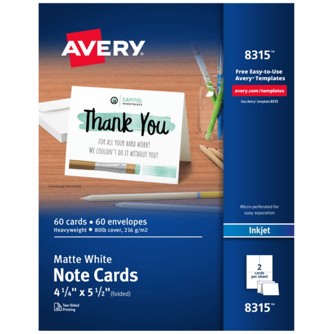 Avery Printable Note Cards With Envelopes, 4.25" x 5.5", Matte White, 60 Blank Note Cards For Inkjet Printers