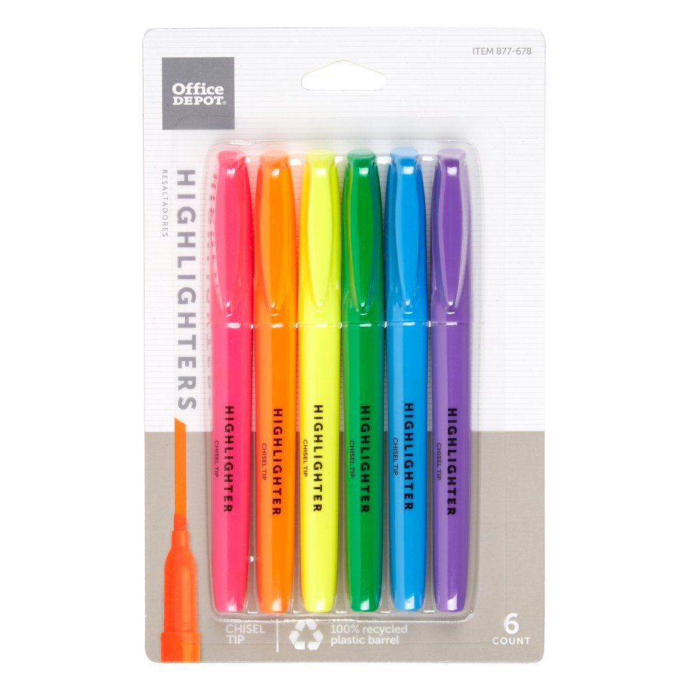 Pen-Style Highlighters, Chisel Point, 100% Recycled Plastic Barrel, Assorted Colors, Pack Of 6 Highlighters
