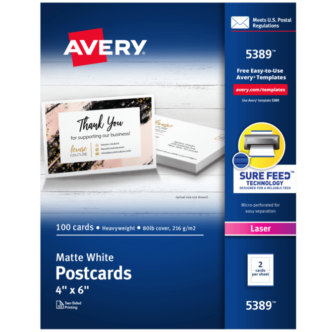 Avery Printable Postcards With Sure Feed Technology, 4" x 6", White, 100 Blank Postcards