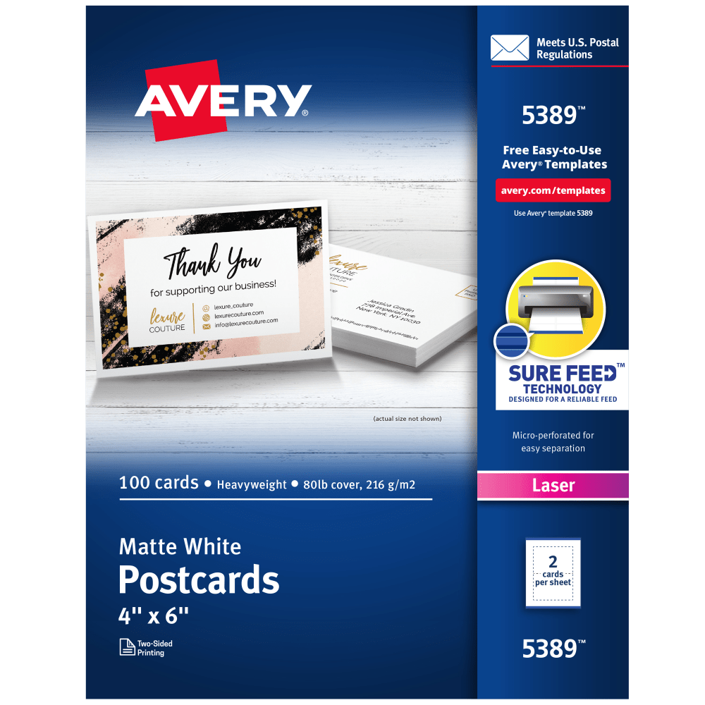 Avery Printable Postcards With Sure Feed Technology, 4″ x 6″, White, 100 Blank Postcards