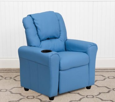 Vana Contemporary Light Blue Vinyl Kids Recliner with Cup Holder and Headrest