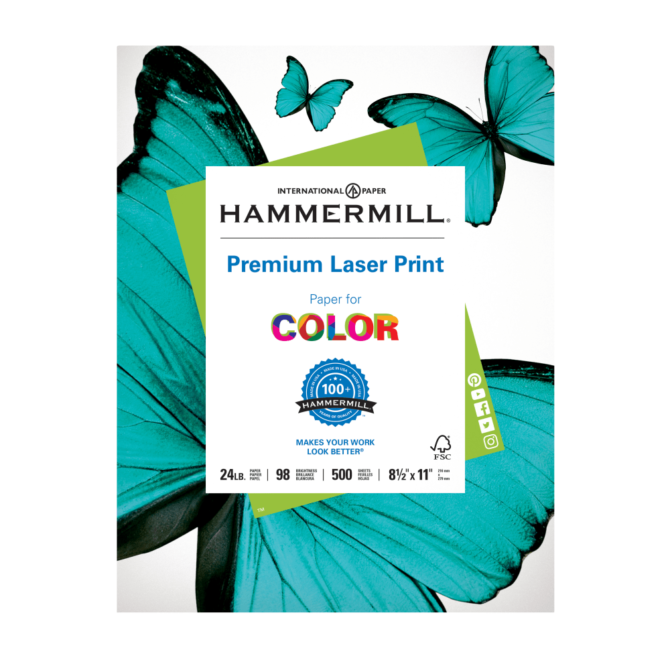 Hammermill Premium Laser Paper, White, Letter Size (8 1/2" x 11"), Ream Of 500 Sheets, , FSC Certified, 24 Lb, 98 Brightness