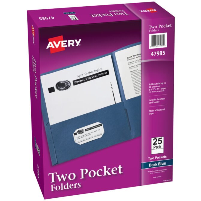Avery Two Pocket Folders, 8-1/2" x 11", Dark Blue, Box Of 25