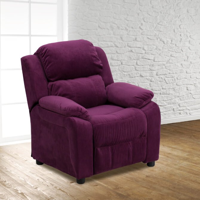 Charlie Deluxe Padded Contemporary Purple Microfiber Kids Recliner with Storage Arms