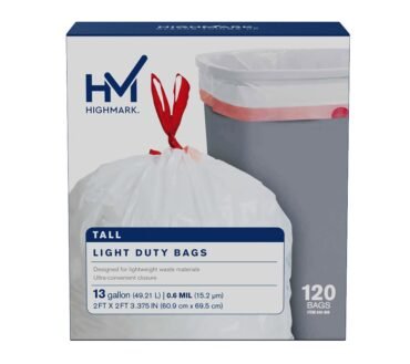 Highmark Tall 0.6 mil Drawstring Kitchen Trash Bags, 13 Gallon, 24" x 28", White, Box Of 120