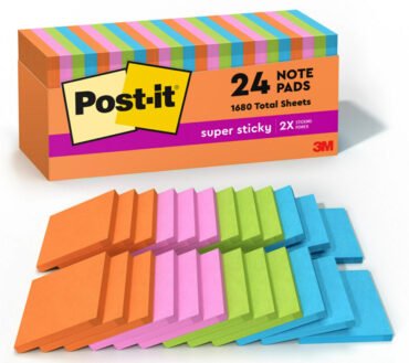 Post-it Super Sticky Notes, 24 Pads, 3 in x 3 in, 2x the Sticking Power, School Supplies and Office Products, Sticky Notes for Vertical Surfaces, Monitors, Walls and Windows, Energy Boost Collection
