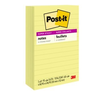 Post-it Super Sticky Notes, 5 Pads, 4 in x 6 in, 2x the Sticking Power, School Supplies and Office Products, Sticky Notes for Vertical Surfaces, Monitors, Walls and Windows, Canary Yellow, Lined