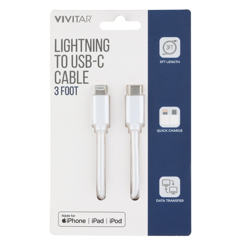 Vivitar Lightning To USB-C Cable, 3', White, NIL3003-WHT-STK-24