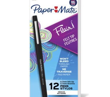 Paper Mate Flair Porous-Point Pens, Medium Point, 0.7 mm, Black Barrel, Black Ink, Pack Of 12 Pens