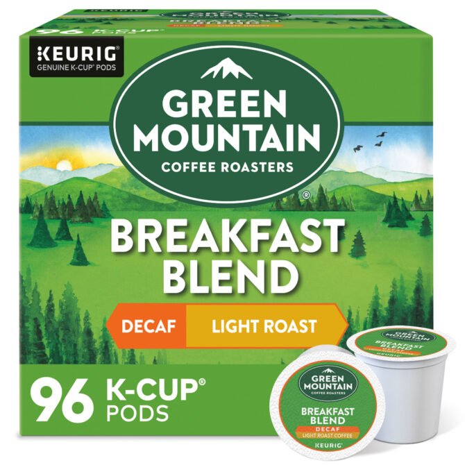 Green Mountain Coffee Breakfast Blend Decaf Coffee K-Cups, Light Roast, 96/Carton