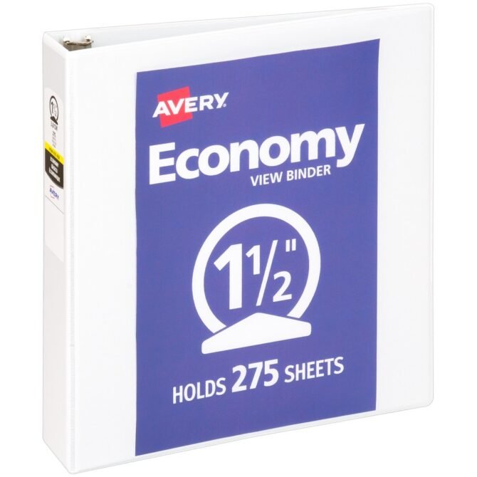 Avery Economy View 3 Ring Binder, 1.5" Round Rings, White, 1 Binder