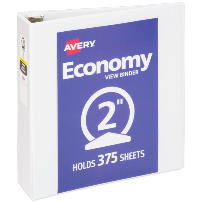 Avery Economy View 3 Ring Binder, 2" Round Rings, White, 1 Binder