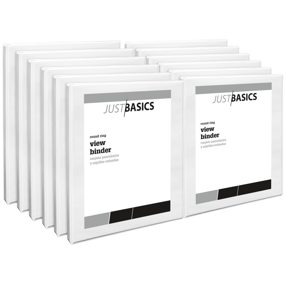 Just Basics View 3-Ring Binder, 1/2" Round Rings, White, Pack Of 12