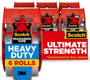 Scotch Heavy Duty Shipping Packing Tape, 6 Tape Rolls with Dispensers, 1 7/8 in x 22.2 yd, 1.5" Core, Designed for Packing, Shipping and Mailing, Guaranteed to Stay Sealed, Clear