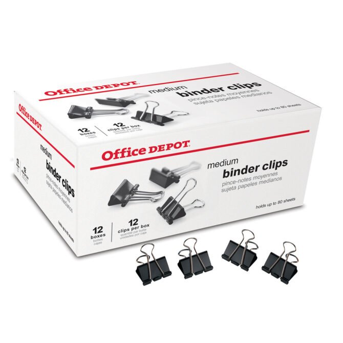 Binder Clips, Medium, 1-1/4" Wide, 5/8" Capacity, Black, Pack Of 144 (12 Boxes Of 12 Clips)