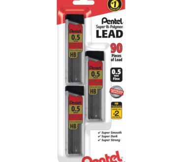 Pentel Super Hi-Polymer Leads, 0.5 mm, HB, 30 Leads Per Tube, Pack Of 3 Tubes
