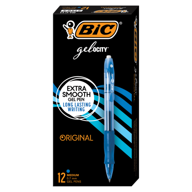 BIC Gel-ocity Original Long Lasting Retractable Gel Pens, Medium Point, 0.7 mm, Blue Barrel, Blue Ink, Pack Of 12