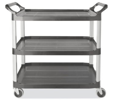 Rubbermaid Commercial Xtra Utility Cart with Open Sides, Plastic, 3 Shelves, 300 lb Capacity, 20" x 40.63" x 37.8", Gray