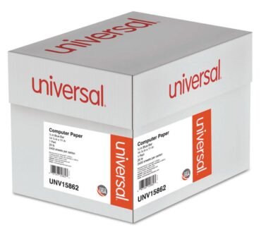 Universal Printout Paper, 1-Part, 20 lb Bond Weight, 14.88 x 11, White/Blue Bar, 2,400/Carton