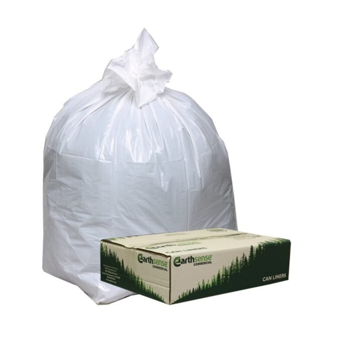Earthsense Commercial Linear-Low-Density Recycled Tall Kitchen Bags, Open-Face, 13 gal, 24" x 33", White, 15 Bags/Roll, 10 Rolls/Box