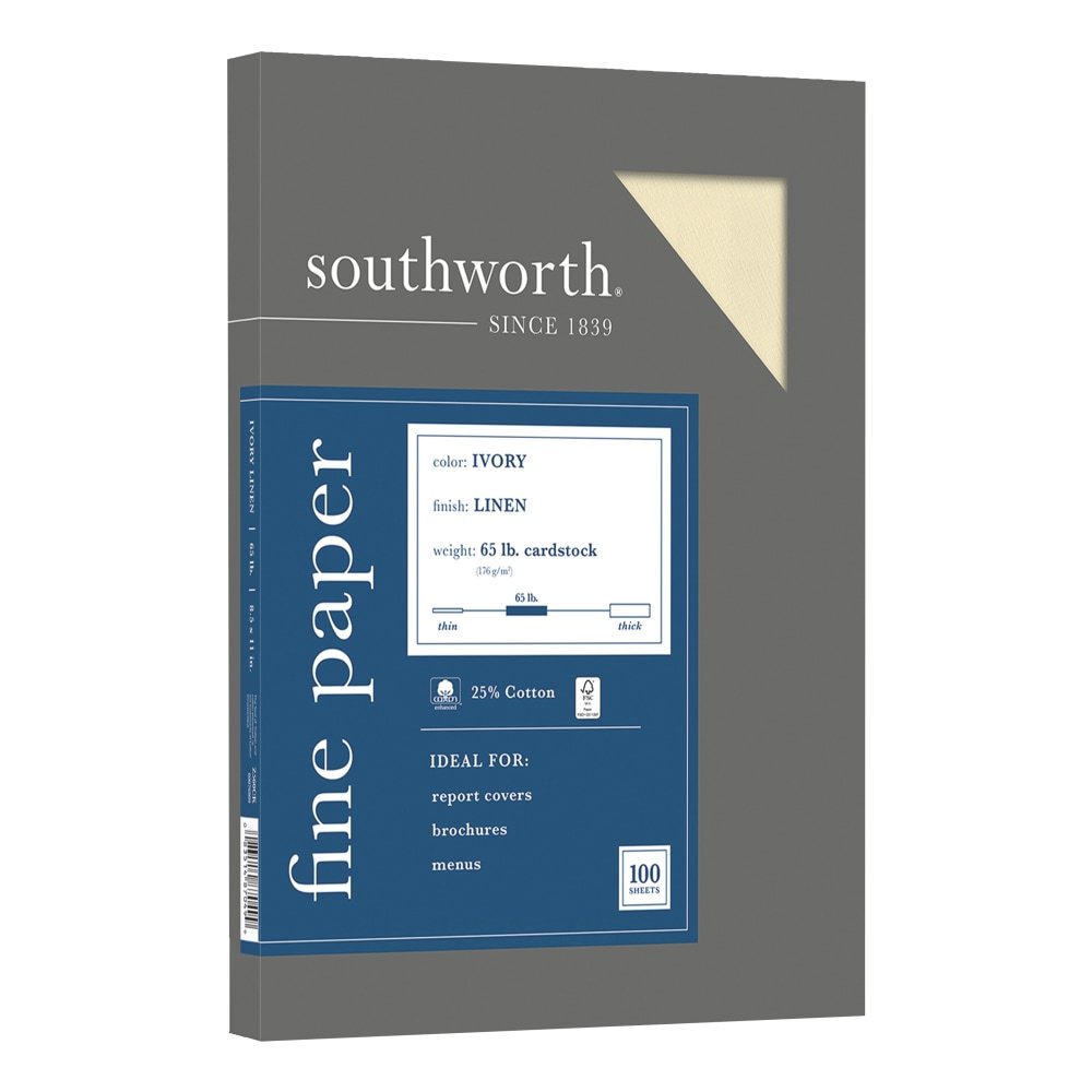 Southworth 25% Cotton Linen Cover Stock, 8 1/2" x 11", 65 Lb, Ivory, Pack Of 100