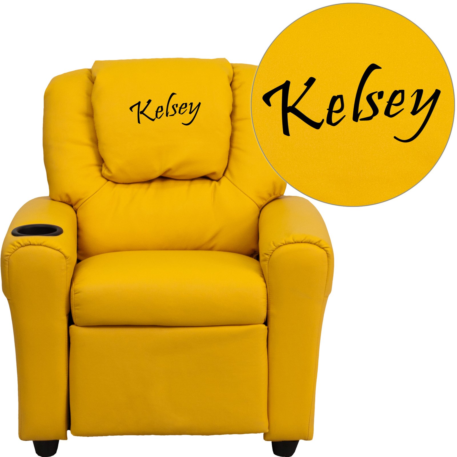 Vana Contemporary Yellow Vinyl Kids Recliner with Cup Holder and Headrest