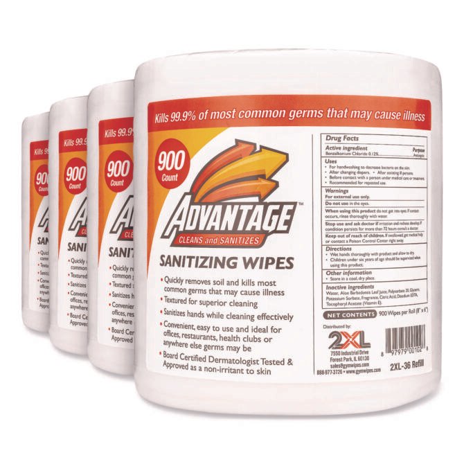 2XL GymWipes Advantage All Surface One-Step Cleaner Refills, 8" x 9", 900 Wipes Per Roll, Carton Of 4