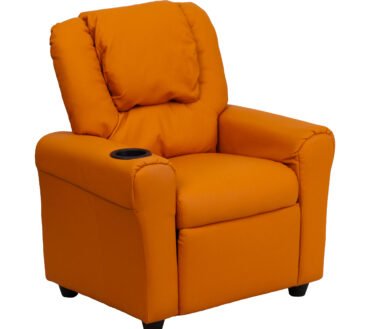 Vana Contemporary Orange Vinyl Kids Recliner with Cup Holder and Headrest