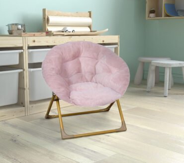 Gwen 23" Kids Cozy Mini Folding Saucer Chair, Faux Fur Moon Chair for Toddlers and Bedroom, Blush/Soft Gold