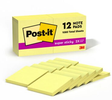 Post-it Super Sticky Notes, 12 Pads, 3 in x 3 in, 2x the Sticking Power, School Supplies and Office Products, Sticky Notes for Vertical Surfaces, Monitors, Walls and Windows, Canary Yellow