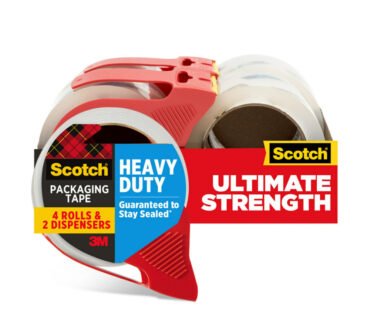 Scotch Heavy Duty Shipping Packing Tape, 4 Tape Rolls with Dispensers, 1 7/8 in x 54.6 yd, 3" Core, Designed for Packing, Shipping and Mailing, Guaranteed to Stay Sealed, Clear