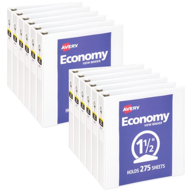 Avery Economy View 3 Ring Binder, 1-1/2" Round Rings, White, Pack Of 12