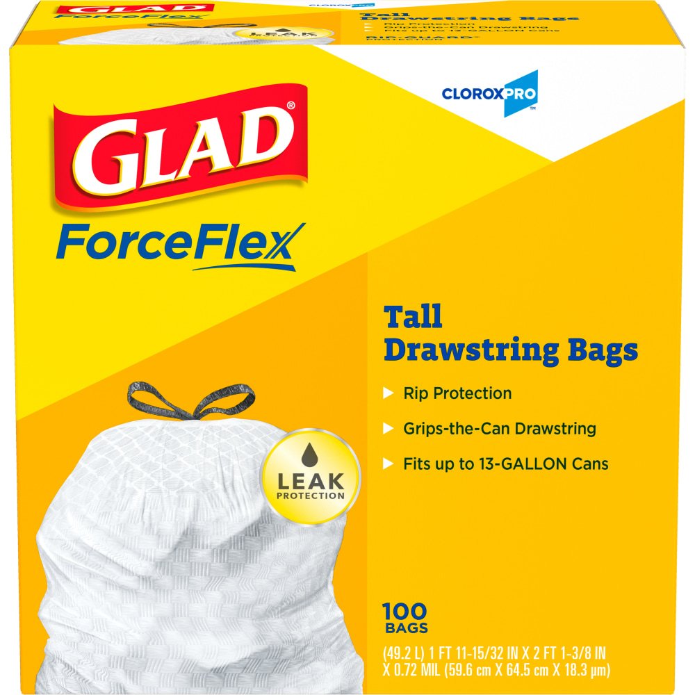 Glad CloroxPro ForceFlex Tall Kitchen Drawstring Trash Bags, 13 gal, 24 x 27.38, Gray, 100/Box